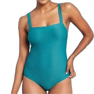 Kona Sol Teal Ribbed Square Neck Classic One Piece Swimsuit Size Medium